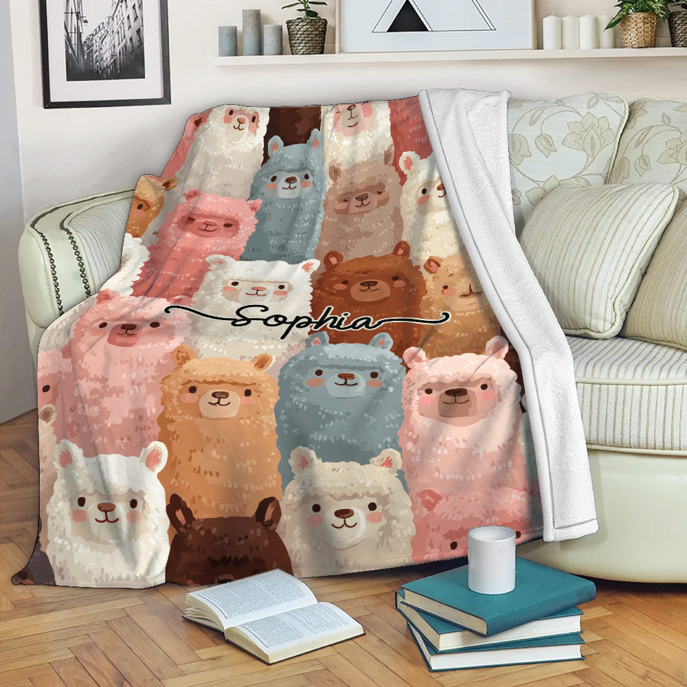 Colorful llama blanket draped over a sofa in a cozy living room setting