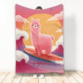 Pink llama surfing on a colorful board against a sunset wave and cloud blanket design