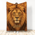 Lion face blanket displayed vertically with detailed golden mane and bold wildlife artwork