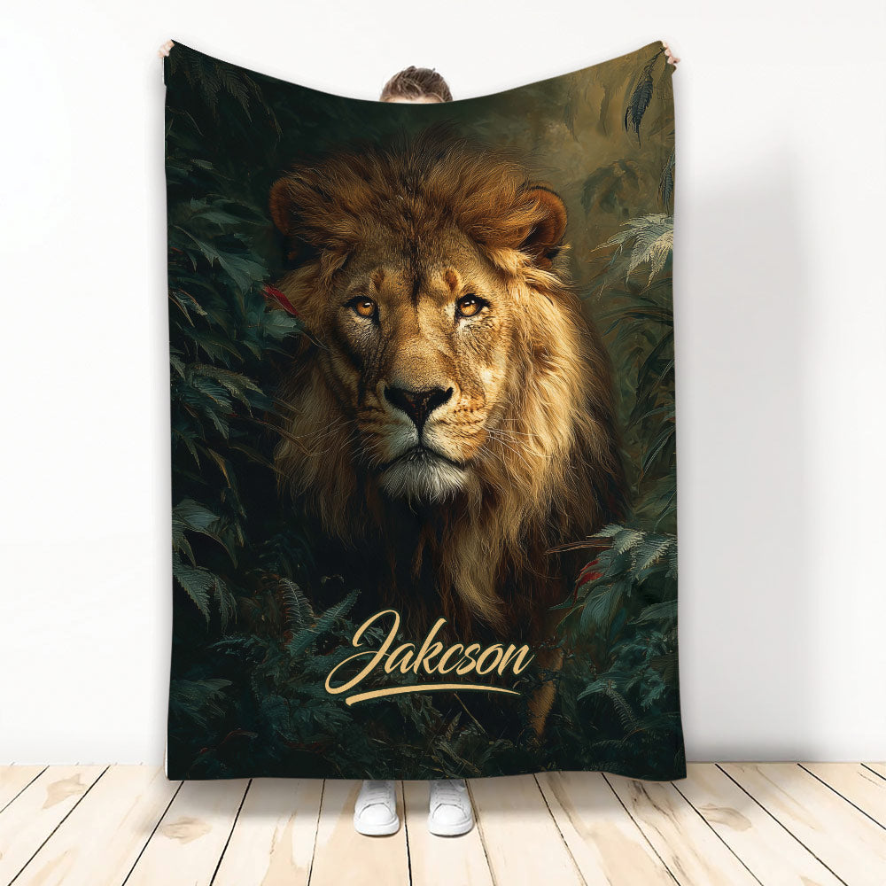 Lion throw blanket with realistic big cat artwork in a dark jungle setting