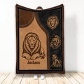 Lion throw blanket displayed upright with regal wildlife artwork in warm brown and black tones