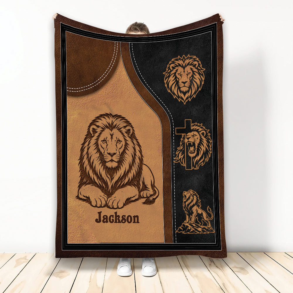 Lion throw blanket displayed upright with regal wildlife artwork in warm brown and black tones