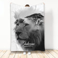 Black and white lion throw blanket with acacia trees and dramatic wildlife artwork
