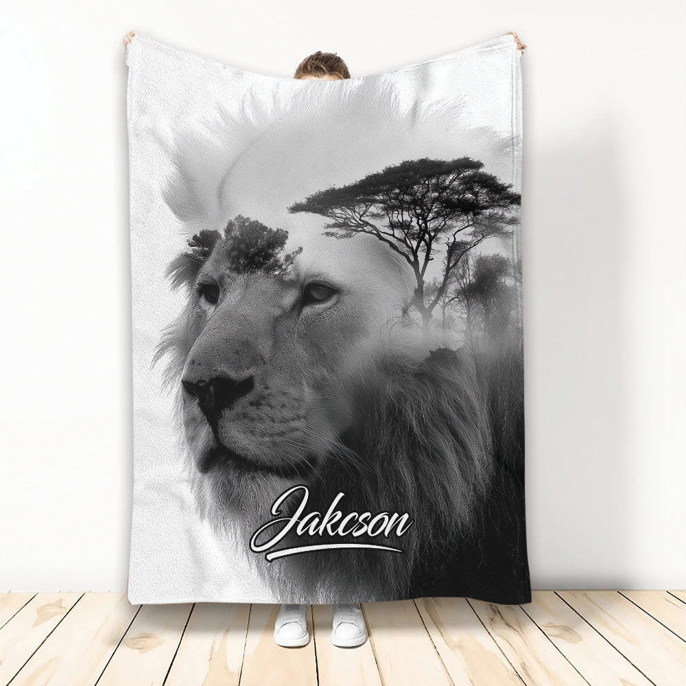 Black and white lion throw blanket with acacia trees and dramatic wildlife artwork