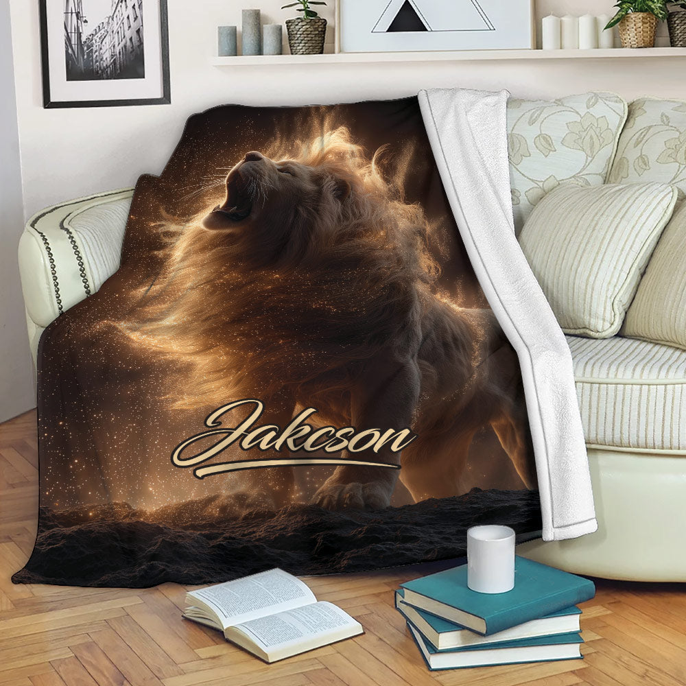 Lion throw blanket draped over a sofa with glowing golden mane and dramatic wildlife artwork