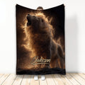 Majestic roaring lion blanket with glowing golden mane and dramatic dark wildlife artwork