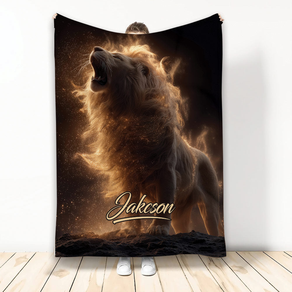Majestic roaring lion blanket with glowing golden mane and dramatic dark wildlife artwork