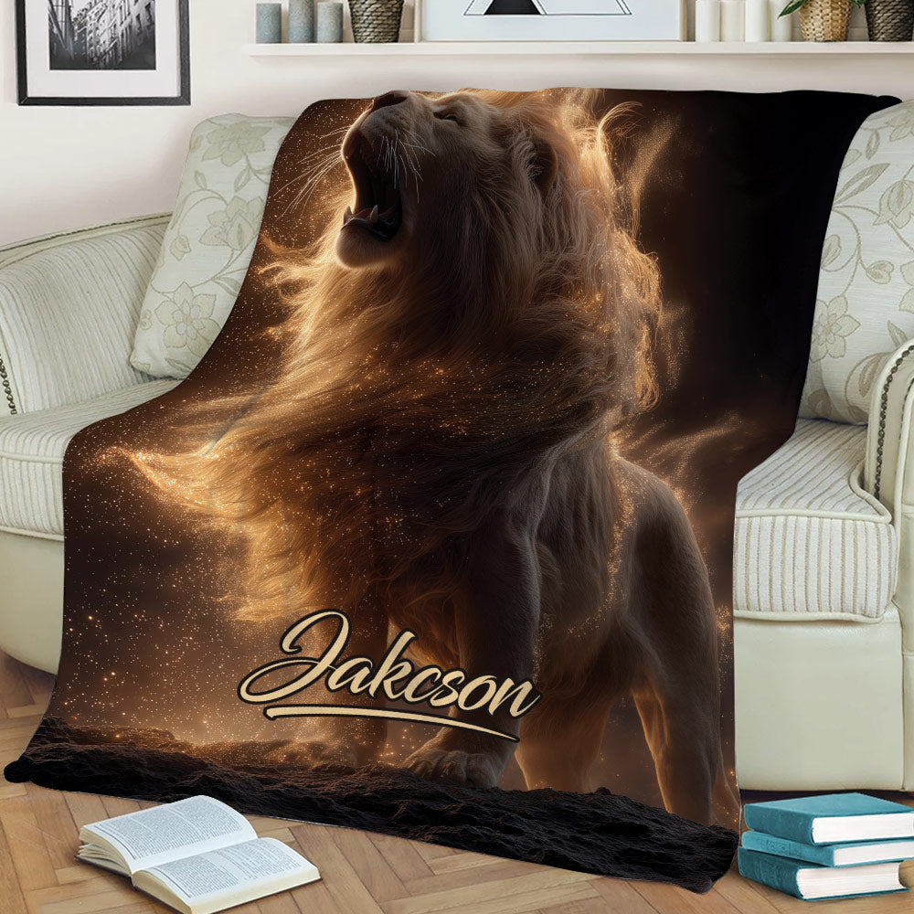 Majestic lion throw blanket displayed on a sofa with radiant mane and dark artistic background