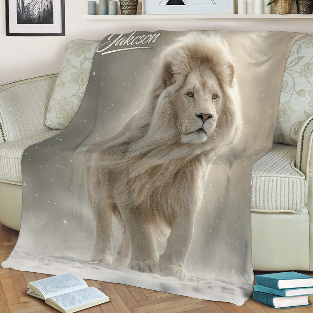 Close view of a lion throw blanket showcasing a detailed white lion against a dreamy gray background