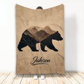 Bear throw blanket with three dark bear silhouettes, mountain scenery, and earthy brown wildlife artwork