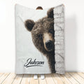 Bear throw blanket displayed upright with a realistic woodland bear peeking around a birch tree