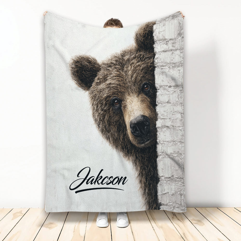 Bear throw blanket displayed upright with a realistic woodland bear peeking around a birch tree