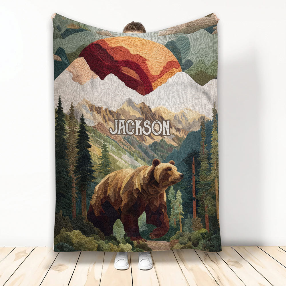 Bear throw blanket featuring a mountain landscape, evergreen forest, and rustic wilderness artwork