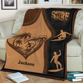 Close view of a surfing throw blanket with heart-shaped wave art, beach palms, and silhouetted wave riders