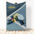 Pickleball throw blanket displayed with paddles, ball, and court net artwork