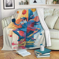 Colorful pickleball blanket draped over a living room sofa