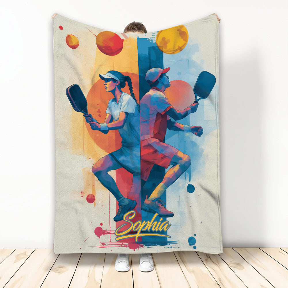 Pickleball throw blanket featuring two players in colorful action artwork