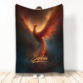 Custom phoenix throw blanket displayed upright with fiery red, orange, and gold wings