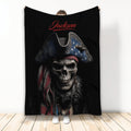 Pirate throw blanket with skull captain artwork, dark black background, and red and blue accents