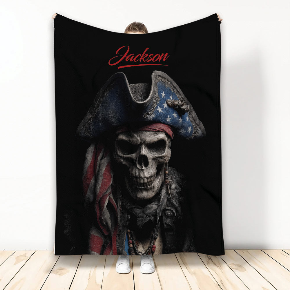 Pirate throw blanket with skull captain artwork, dark black background, and red and blue accents