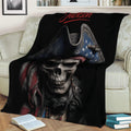 Black pirate blanket draped over a couch, featuring a detailed skull captain and tricorn hat