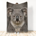 Koala throw blanket displayed vertically with a close-up gray koala design