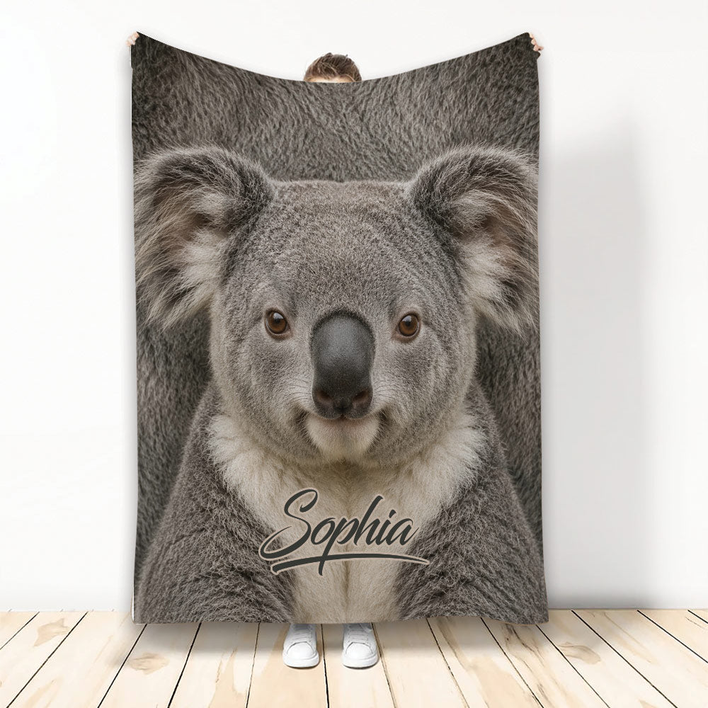 Koala throw blanket displayed vertically with a close-up gray koala design