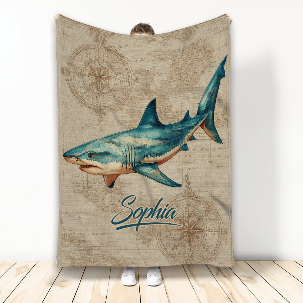 Shark throw blanket with watercolor ocean artwork and vintage compass map background