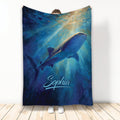 Shark throw blanket featuring a whale shark swimming through sunlit blue ocean artwork