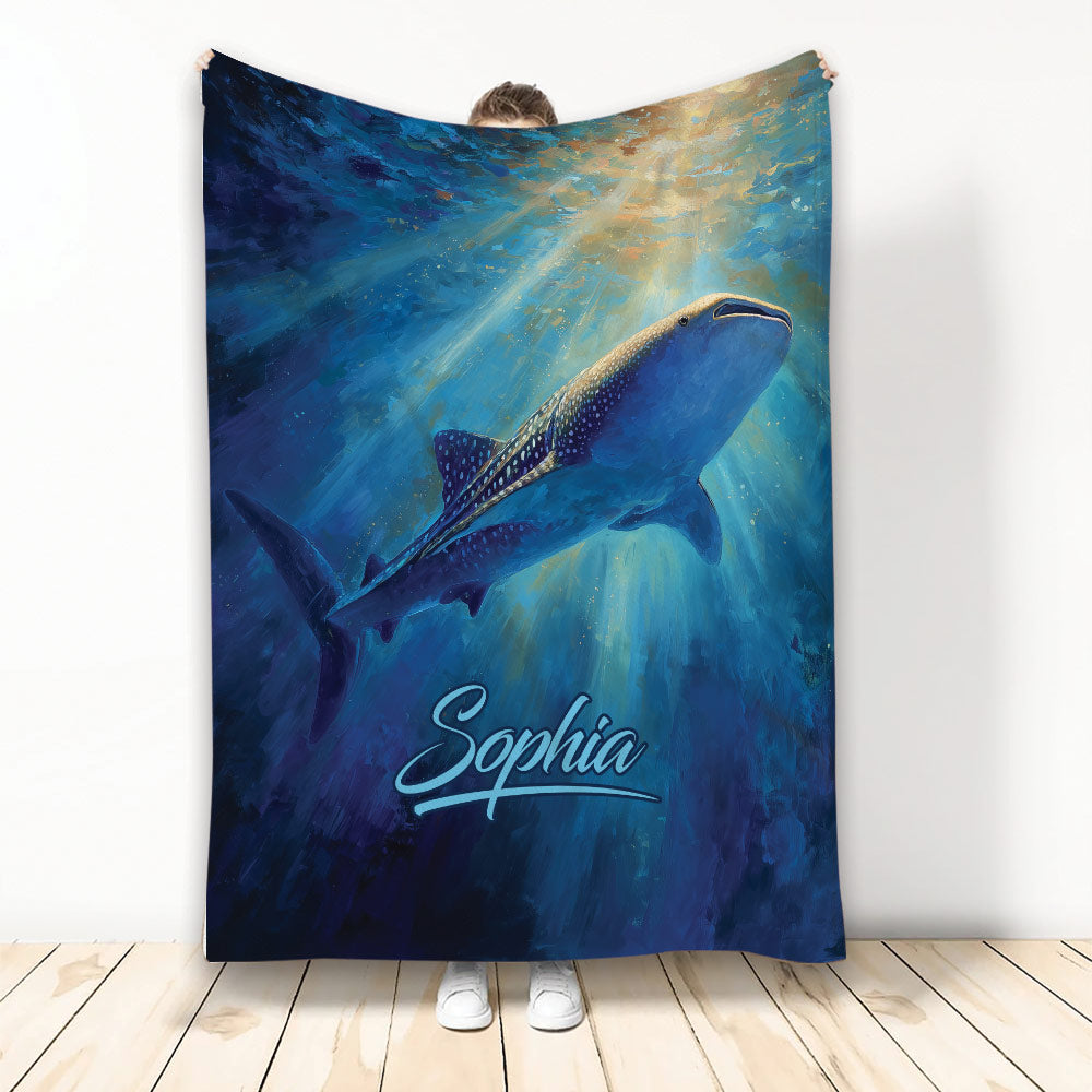 Shark throw blanket featuring a whale shark swimming through sunlit blue ocean artwork