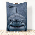 Shark throw blanket displayed upright with a realistic blue ocean shark face design