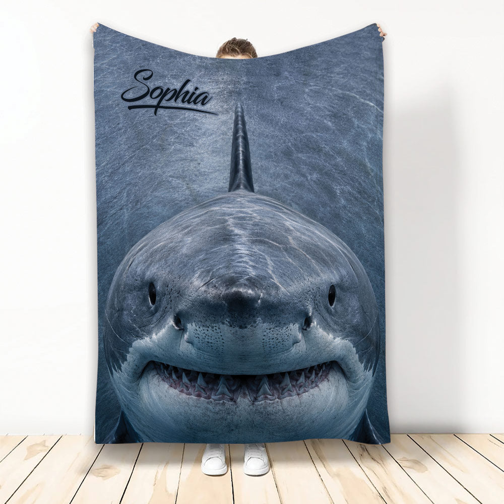 Shark throw blanket displayed upright with a realistic blue ocean shark face design
