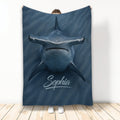 Hammerhead shark throw blanket displayed upright with deep blue ocean artwork