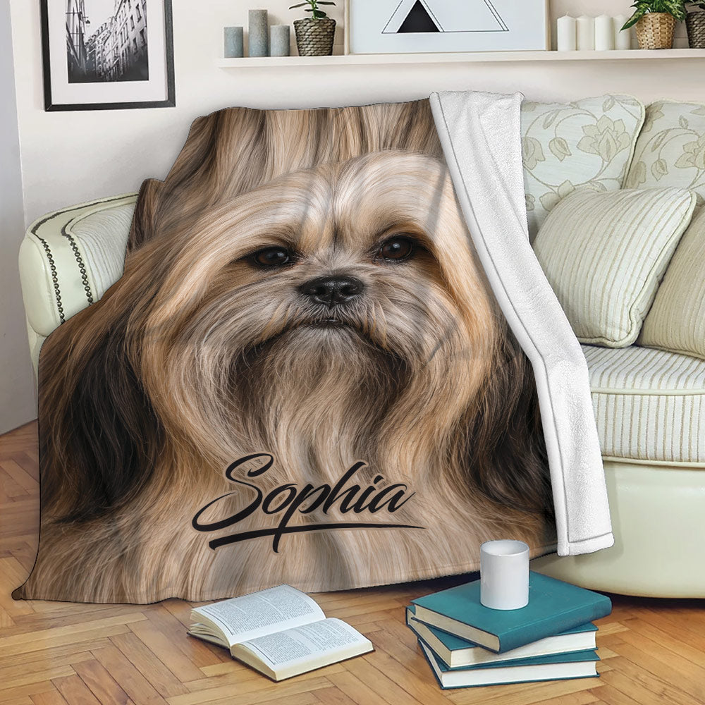 Lhasa Apso blanket featuring a close-up dog design draped over a living room sofa