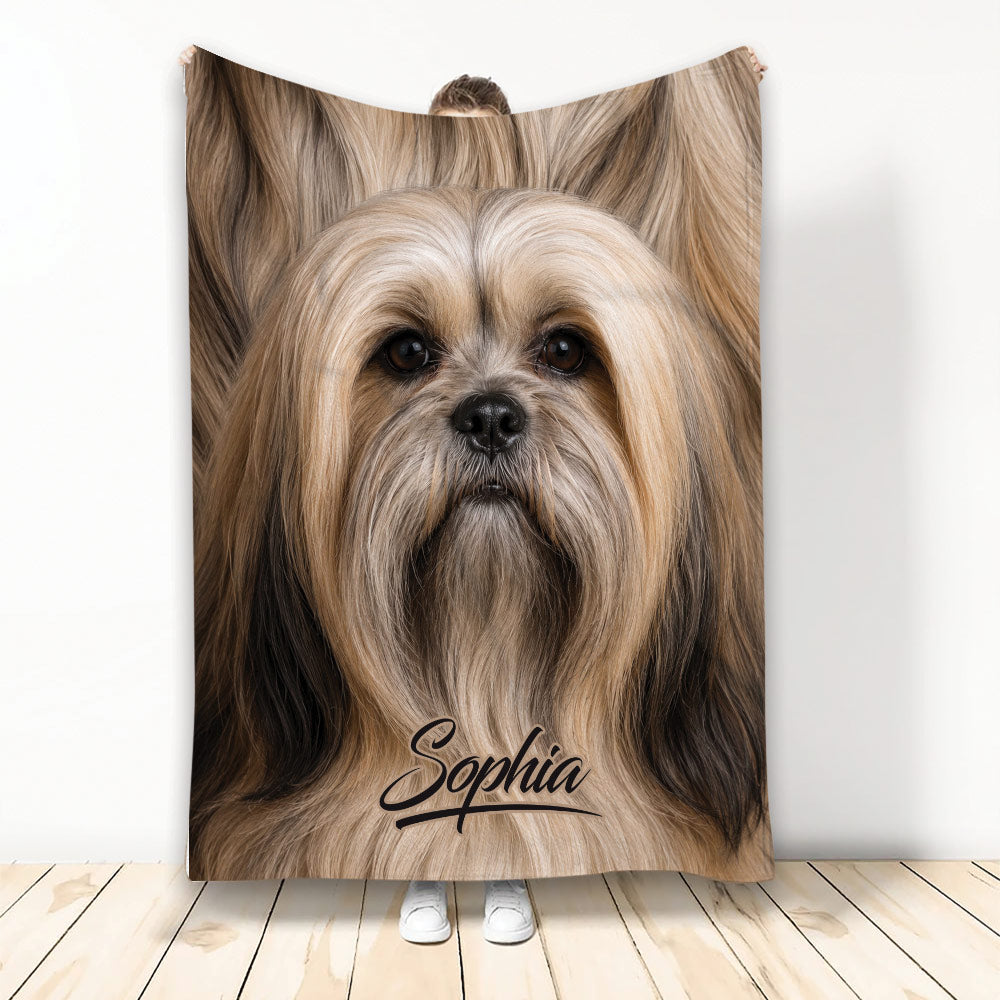 Lhasa Apso throw blanket with a long-haired dog design displayed in a room