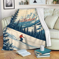Skiing throw blanket draped over a couch with illustrated mountains, trees, and skier