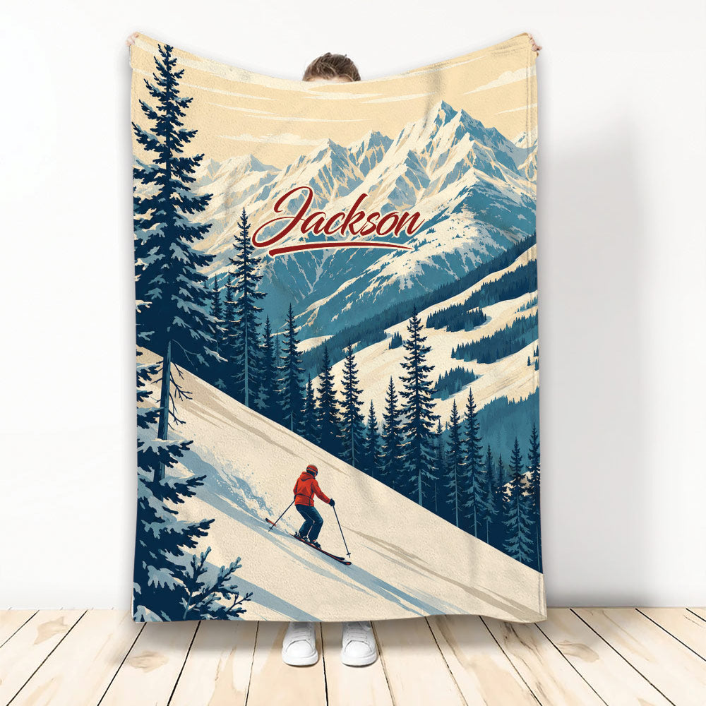 Skiing throw blanket with skier on a snowy mountain slope and evergreen forest artwork