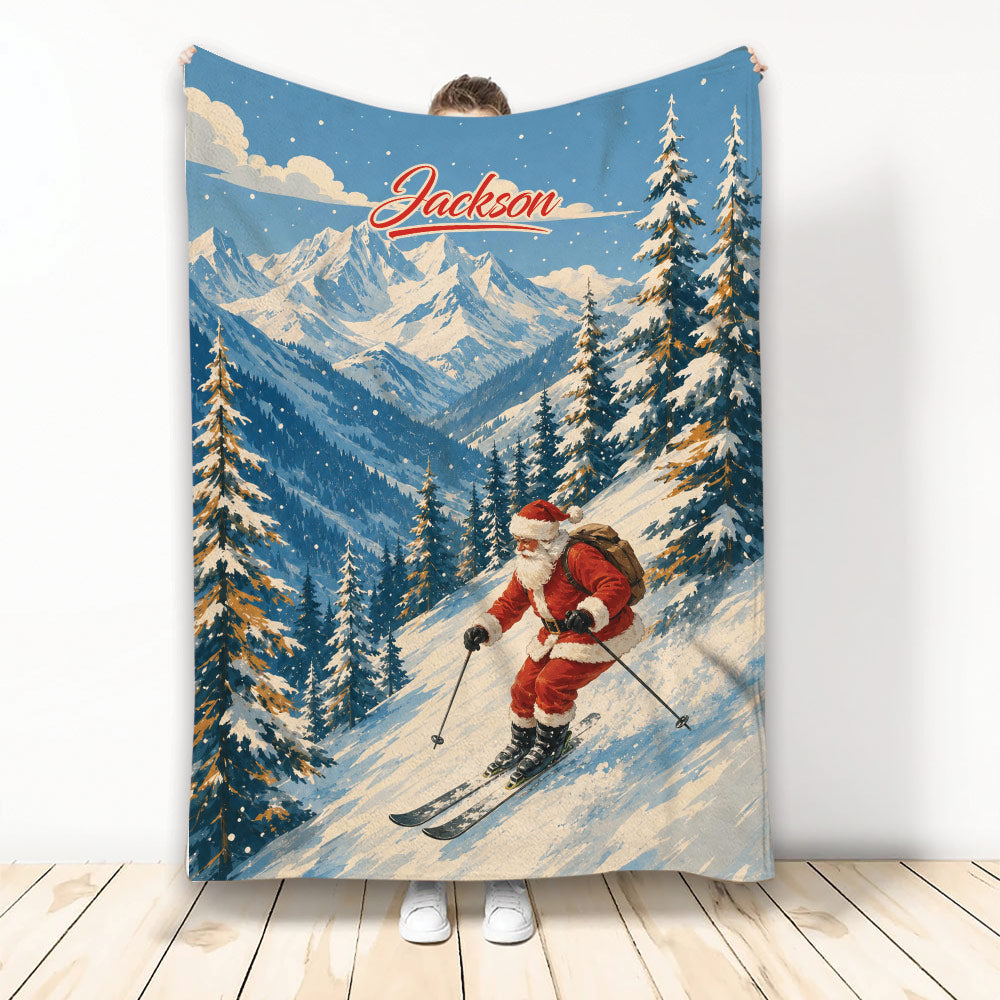 Skiing throw blanket with Santa skiing through a snowy mountain landscape and evergreen trees