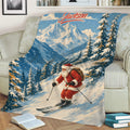 Skiing throw blanket draped over a couch featuring Santa skiing through a winter forest