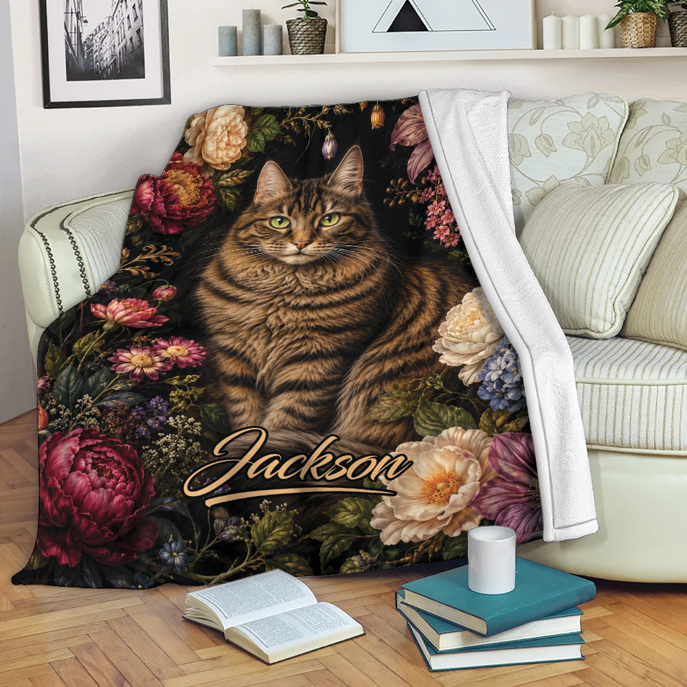 Tabby cat throw blanket with colorful flowers draped across a couch in a cozy reading space