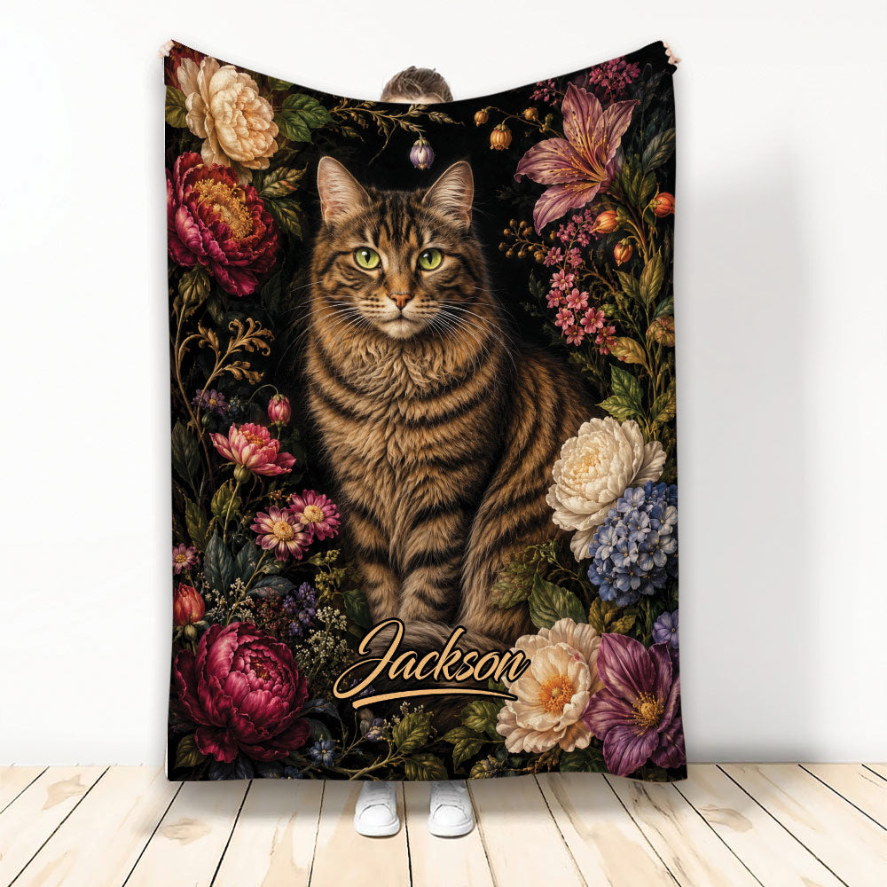 Tabby cat blanket with ornate floral artwork in rich jewel tones, shown hanging as a room accent