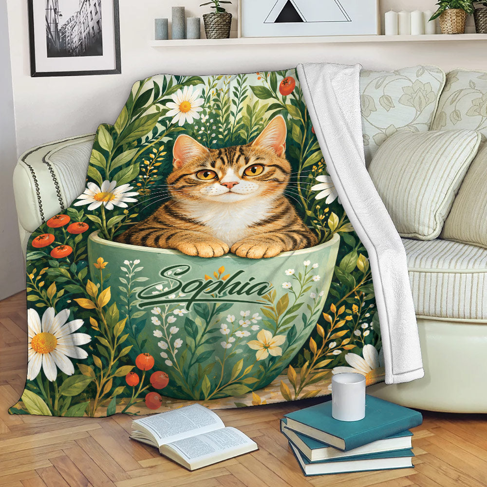 Tabby cat blanket displayed on a sofa with leafy floral artwork and a cozy reading nook