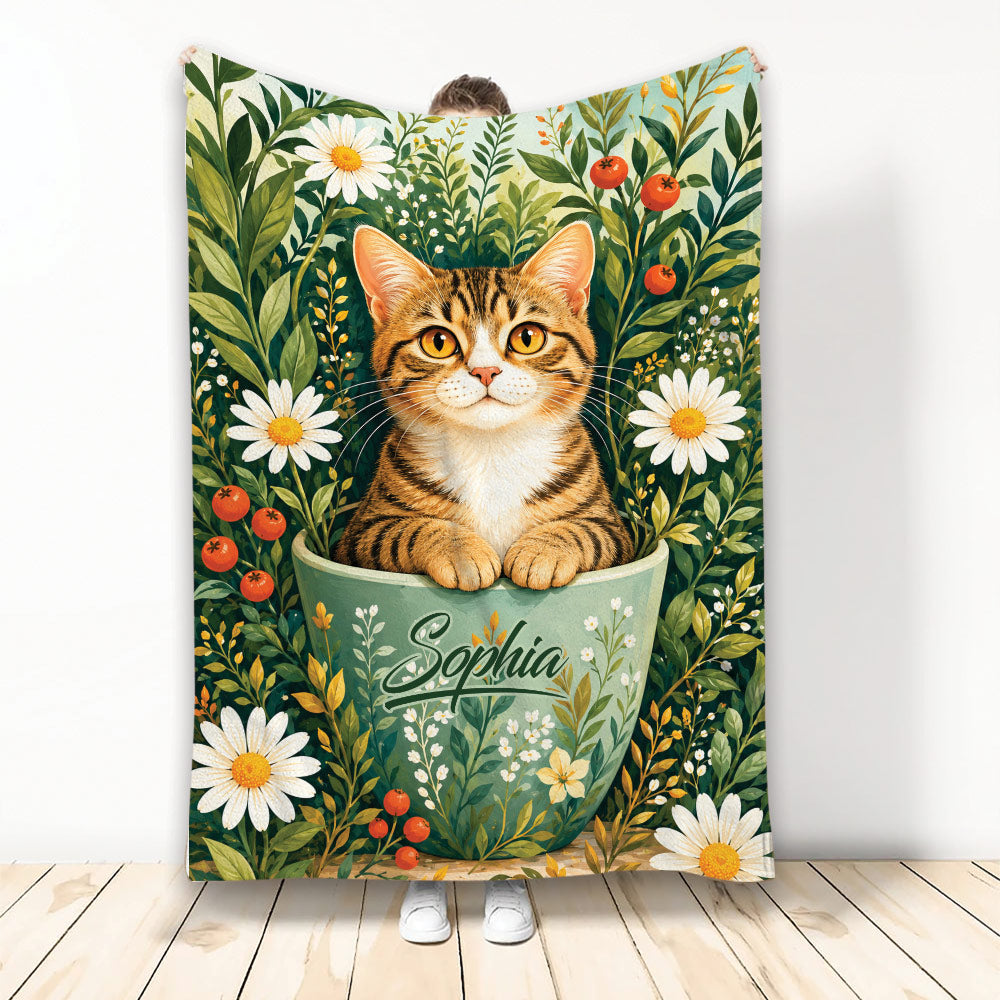 Tabby cat throw blanket featuring a botanical garden scene with daisies, berries, and a green planter