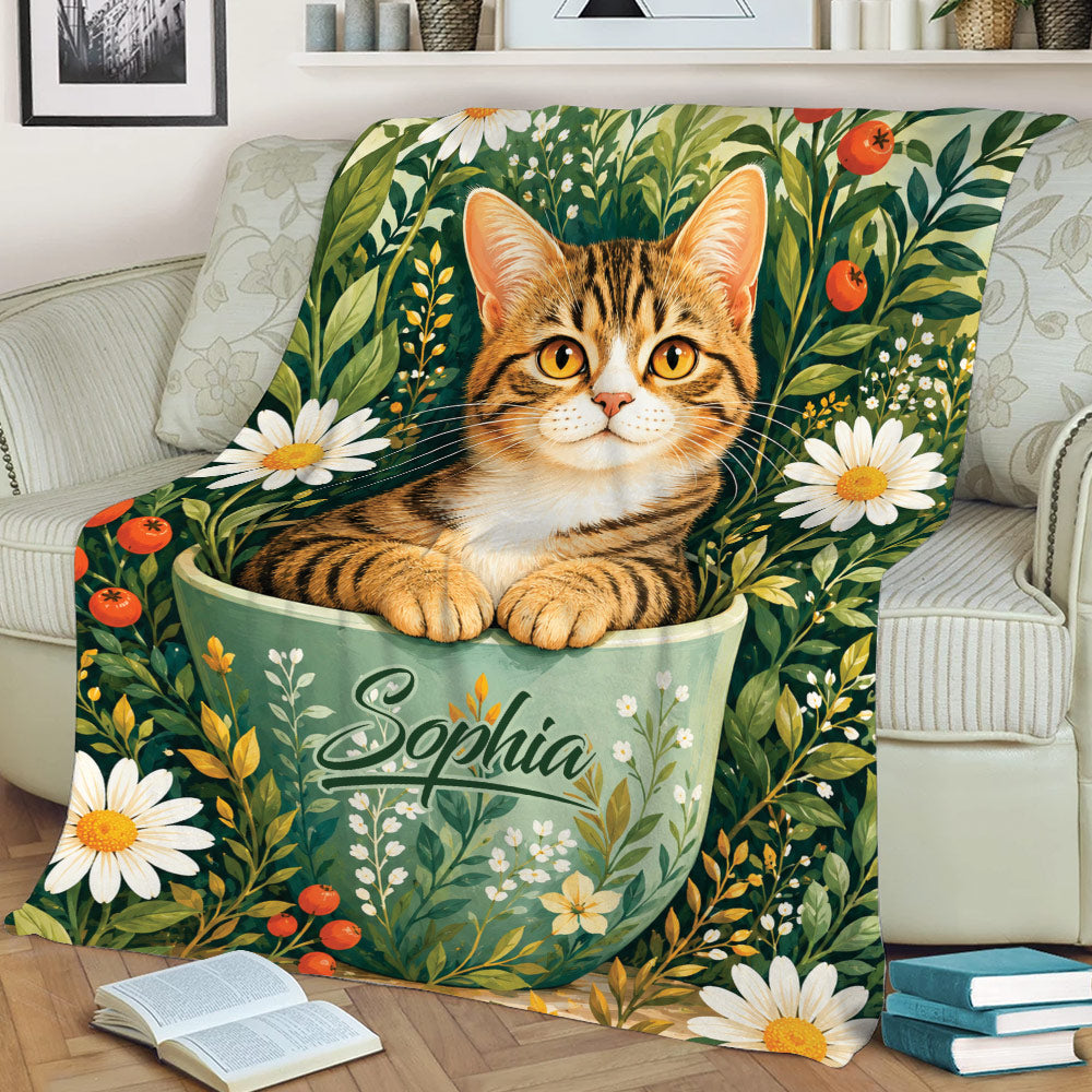 Close view of a tabby cat throw blanket with daisies, berries, greenery, and botanical artwork