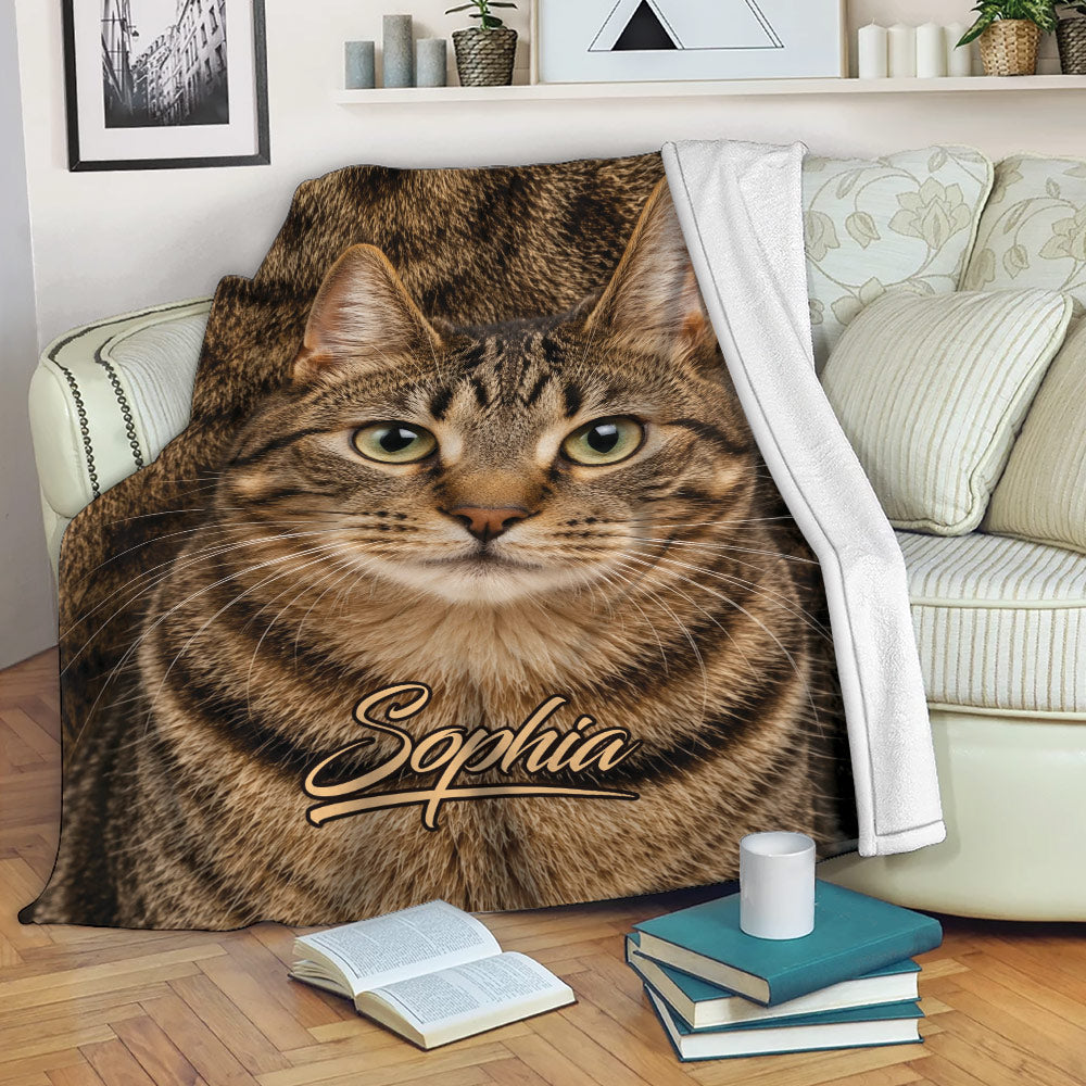 Tabby cat blanket draped over a sofa with realistic brown cat artwork in a cozy room