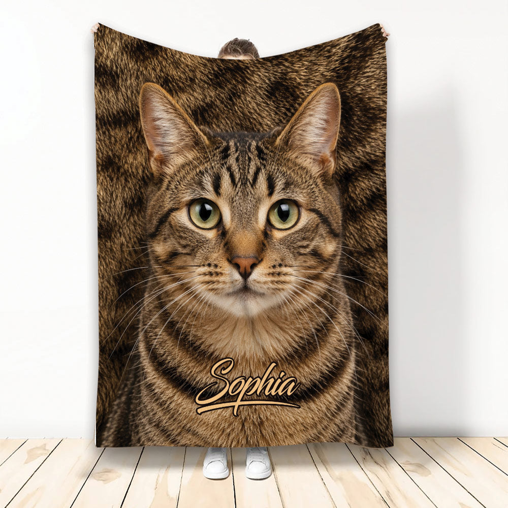 Tabby cat throw blanket displayed upright with realistic brown striped cat artwork