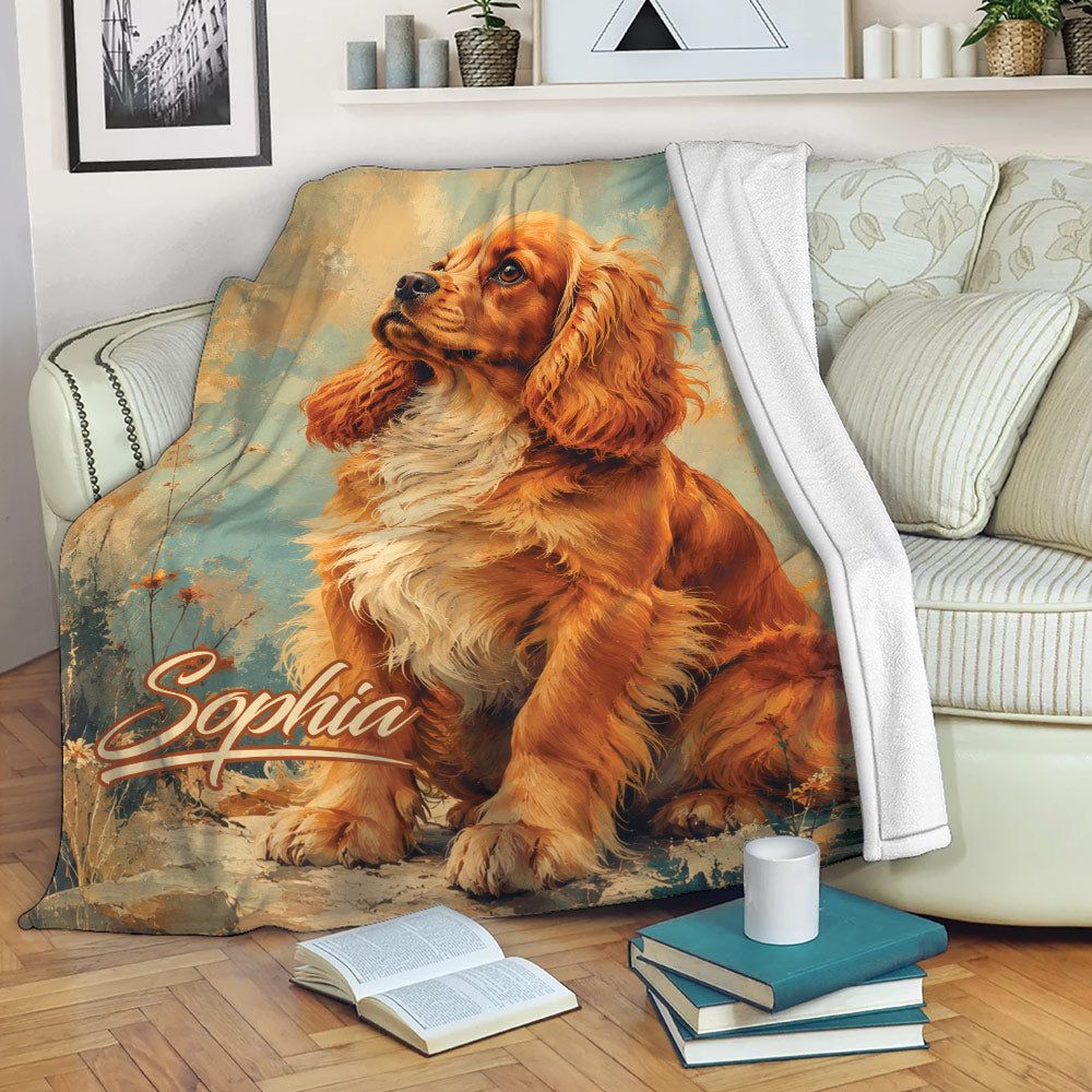 English Cocker Spaniel throw blanket displayed on a sofa with books and cozy living room decor