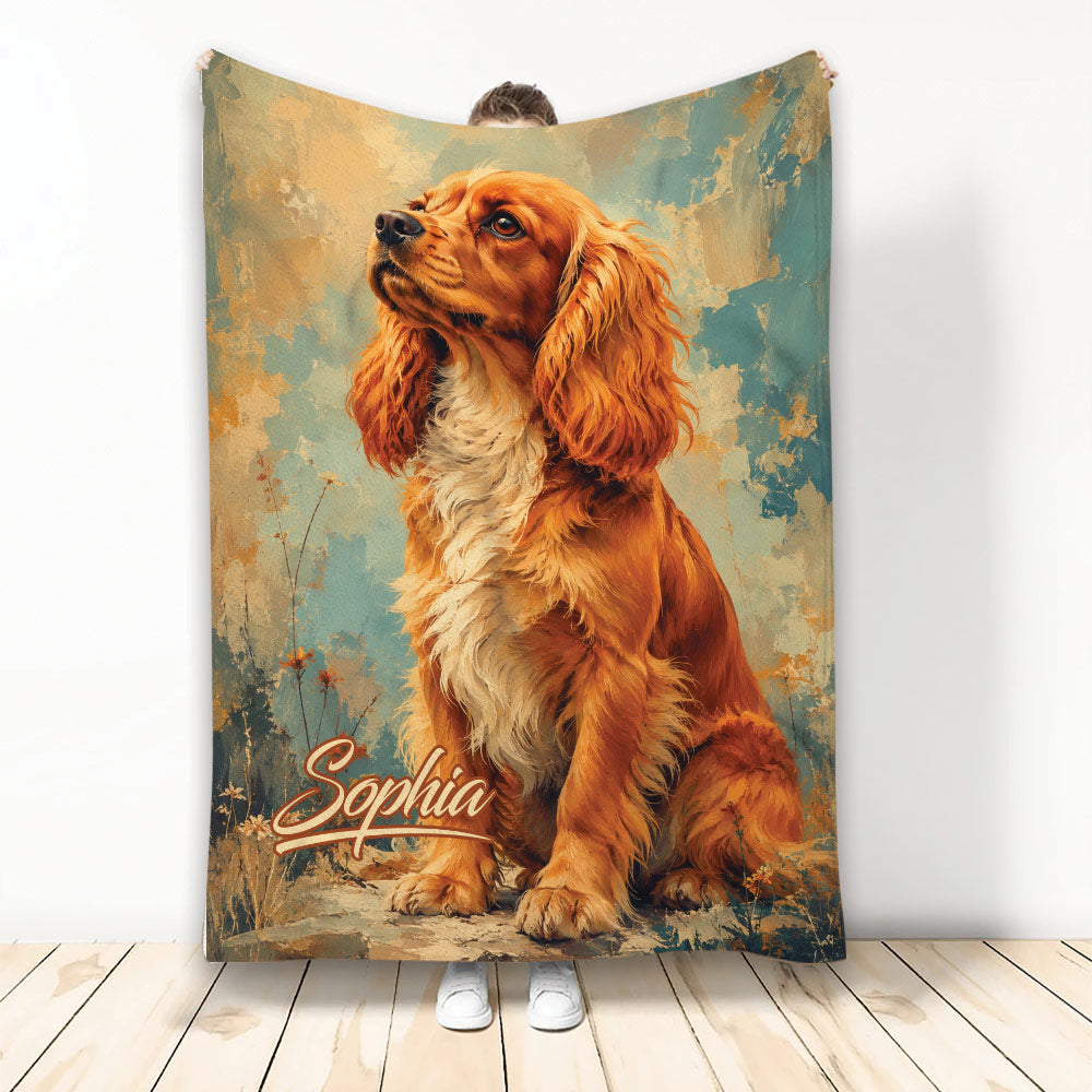 English Cocker Spaniel blanket featuring warm painterly artwork in copper, teal, and cream tones