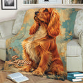 Close lifestyle view of an English Cocker Spaniel blanket with expressive dog artwork on a sofa
