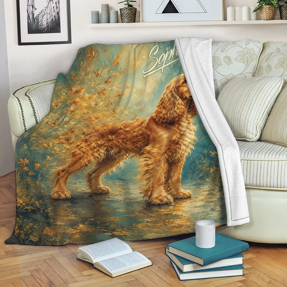 English Cocker Spaniel throw blanket displayed on a sofa with golden dog and butterfly artwork